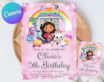 Zaproszenie na urodziny Gabby's Dollhouse | Edytowalne zaproszenie na urodziny dla dzieci Gabby | Szablon Pandy Edytowalny Do Wydruku | Zaproszenie do natychmiastowego pobrania
