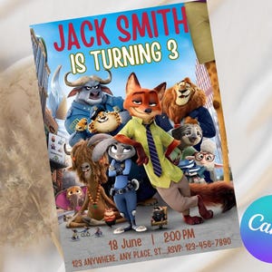 Może przedstawiać: Kolorowe zaproszenie urodzinowe z postaciami z filmu Zwierzogr&oacute;d. Tekst "JACK SMITH IS TURNING 3" jest wyświetlany u g&oacute;ry. Data i godzina r&oacute;wnież są uwzględnione: 18 czerwca, 14:00.