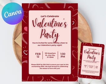 Valentine's Day Party Invitation, Valentine's Party Invite, Coquette Birthday Invitation, Valentines Heart Dinner Party Card, Editable Canva