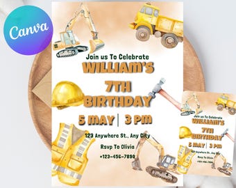 Construction Birthday Invitation, Construction Invitation, Dump Truck Party Invite, 3rd Birthday Invite Printable Template, Editable Canva