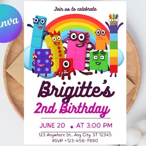 May include: A birthday invitation featuring colorful cartoon characters, a rainbow, and the text "Brigitte's 2nd Birthday." The invitation includes the date, time, and location details. The Canva logo is visible in the upper left corner.