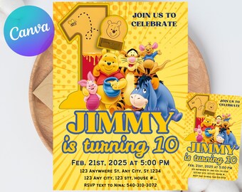 Classic Winnie the Pooh First Birthday Invitation, Vintage Winnie The Pooh Party, Editable Kids Birthday Invite, Digital Canva Template