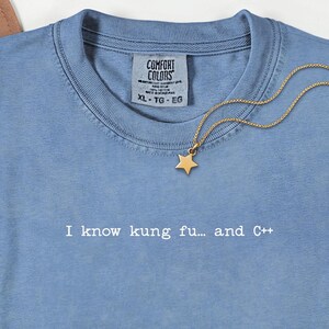 May include: A light blue Comfort Colors t-shirt with the text "I know kung fu... and C++" in white. A gold star pendant hangs from a gold chain. The shirt is size XL.