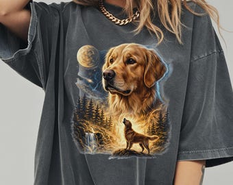 Camiseta vintage com Golden Retriever uivando para a lua, camiseta divertida com cachorro, camiseta para amantes de cães, presente para mãe de Golden Retriever, presente para o Dia dos Pais