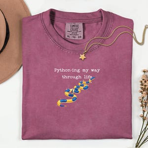 May include: A maroon Comfort Colors t-shirt with the text "Python-ing my way through life" and a cartoon snake design in yellow and blue. A gold necklace with a star pendant is draped on the shirt. A brown hat is in the upper left corner.