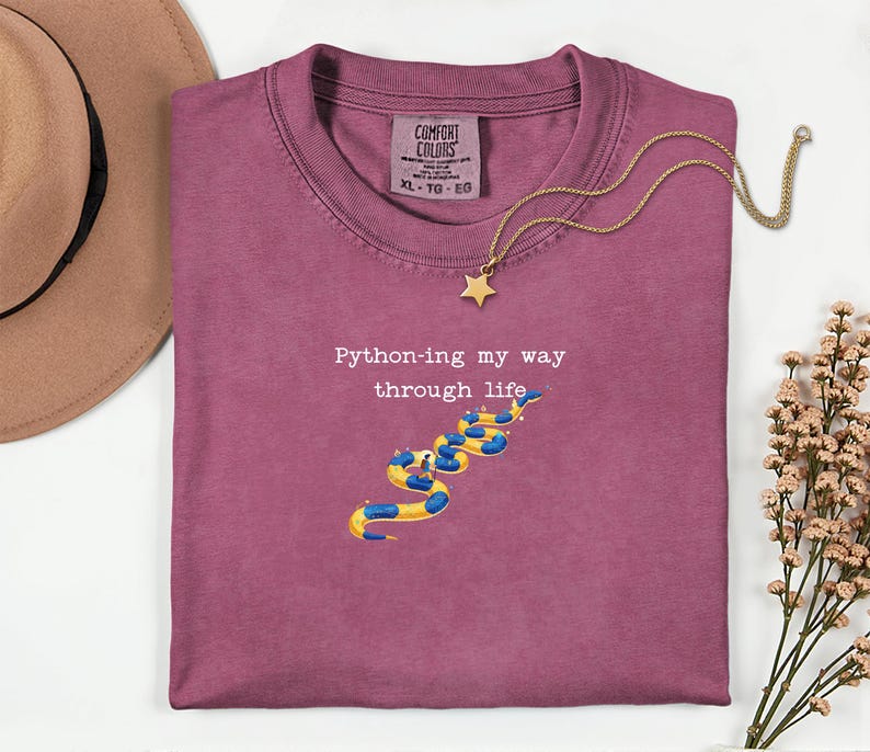 May include: A maroon Comfort Colors t-shirt with the text "Python-ing my way through life" and a cartoon snake design in yellow and blue. A gold necklace with a star pendant is draped on the shirt. A brown hat is in the upper left corner.