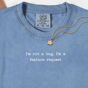 Op de afbeelding: Een lichtblauw Comfort Colors T-shirt met de witte tekst "I'm not a bug, I'm a feature request". Een gouden sterrenketting hangt over het shirt. Het shirtlabel luidt XL-TG-EG.