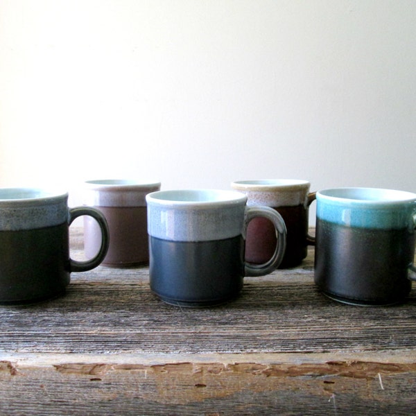 Drip Glaze Mug Set of 5 /  Vintage Japan Japanese Cups Brown Gray Blue Green Purple Teal Drip Glazed Earthy Colors Stoneware Mugs