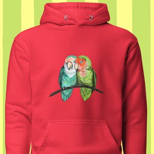 Felpa con cappuccio in cotone con tasca frontale e design realistico di due piccioncini che si abbracciano