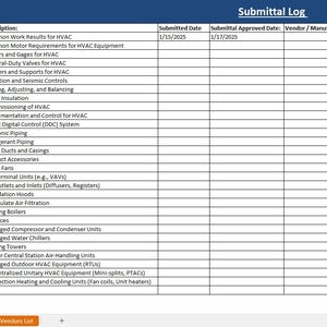 Puede incluir: Un documento de registro de envío con un encabezado azul. La tabla enumera las especificaciones de HVAC, incluidas descripciones como "Resultados de trabajo comunes" y "Tuberías de refrigerante". También se incluyen fechas y estados.