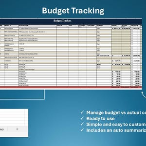 Puede incluir: Una hoja de cálculo titulada "Budget Tracker" con filas y columnas para datos financieros. La imagen incluye el texto "Budget Tracking" y viñetas: "Administrar el presupuesto frente al costo real en una hoja", "Listo para usar", "Simple y fácil de personalizar" e "Incluye un panel resumido automáticamente."