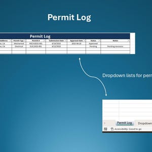 May include: A screenshot of a "Permit Log" spreadsheet with data fields including job number, job name, activity address, permit type, and status. The image also shows dropdown lists for permit type and status, with a blue background.