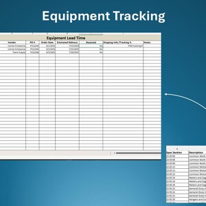 Pode incluir: Uma folha de cálculo intitulada "Equipment Lead Time" com colunas para informações de trabalho, detalhes do fornecedor e datas de entrega. O texto "Equipment Tracking" está no topo. Uma lista de fornecedores por código de especificação geral HVAC também é exibida.