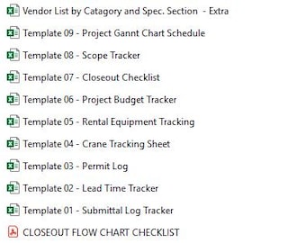 May include: A list of Excel templates for project management, including Gantt charts, scope trackers, checklists, and budget trackers. The templates are organized by category and specification, with titles such as "Crane Tracking Sheet" and "Lead Time Tracker."