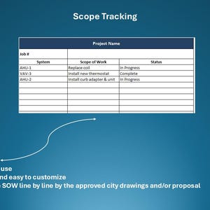 May include: A blue graphic with the text "Scope Tracking" at the top. Below is a table with columns for Job #, System, Scope of Work, and Status. The text "Ready to use", "Simple and easy to customize", and "Track the SOW line" are also visible.