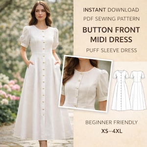 May include: A white midi dress with a button-front design and puff sleeves. The dress features a round neckline and pockets. The image also includes text that reads "Button Front Midi Dress" and "Beginner Friendly".