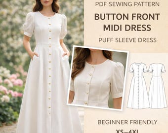 Button Front Midi Dress Sewing Pattern PDF | Puff Sleeve Cottage Dress | Vintage Inspired Flared Dress Pattern | Women’s PDF Sewing Pattern