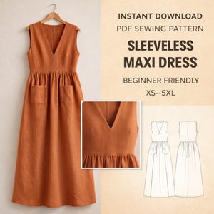 May include: A burnt orange sleeveless maxi dress with a V-neck and two front pockets is displayed on a hanger. The image includes a close-up of the neckline and a diagram of the dress. Text on the image reads "Sleeveless Maxi Dress" and "Beginner Friendly".