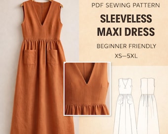 Maxi Dress Sewing Pattern PDF | Sleeveless V Neck Patch Pocket Dress | Women’s Woven Dress Pattern XS–5XL | Instant Download