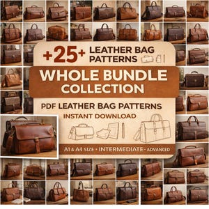 Op de afbeelding: Een verzameling bruine leren tassen in verschillende stijlen, waaronder aktetassen, schoudertassen en reistassen. De afbeelding bevat tekst met "+25+ LEATHER BAG PATTERNS WHOLE BUNDLE COLLECTION" en "PDF LEATHER BAG PATTERNS INSTANT DOWNLOAD".