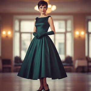 Peut inclure: Une femme porte une robe en satin vert fonc&eacute; avec une jupe ample et des gants assortis. La robe a une encolure bateau et arrive au genou. Elle porte des talons noirs. L'arri&egrave;re-plan est une salle de bal avec des lustres et de grandes fen&ecirc;tres.