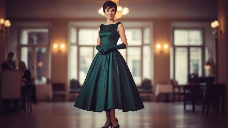 Peut inclure: Une femme porte une robe en satin vert fonc&eacute; avec une jupe ample et des gants assortis. La robe a une encolure bateau et arrive au genou. Elle porte des talons noirs. L'arri&egrave;re-plan est une salle de bal avec des lustres et de grandes fen&ecirc;tres.