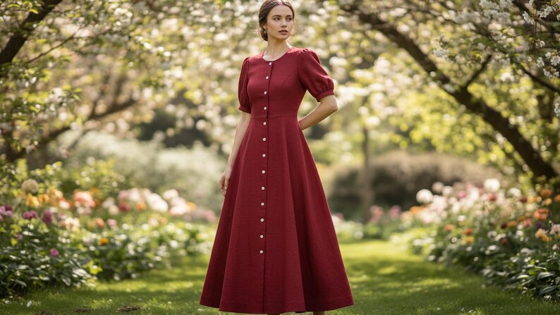 May include: A burgundy-colored dress with a button-down front and short, puffed sleeves. The dress has a full skirt and is worn outdoors in a garden setting. The dress is approximately knee-length.