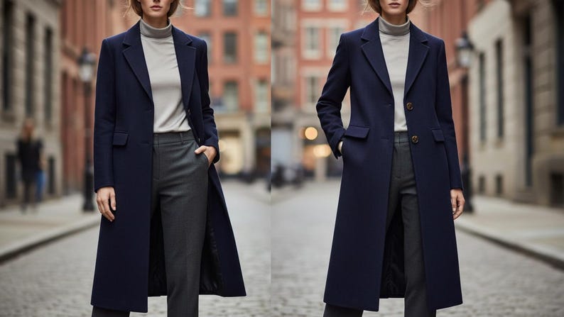 May include: A navy blue overcoat with a classic tailored design. The coat features a notched lapel, two front pockets, and a two-button closure. The model is wearing a gray turtleneck and gray trousers. The coat is a long length, reaching the ankles.