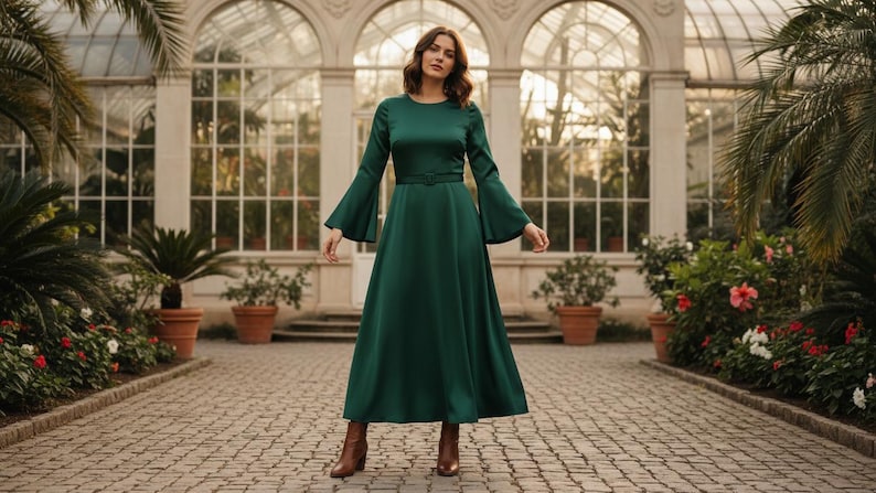 Pode incluir: Um vestido longo verde esmeralda com mangas largas e cintura ajustada. O vestido tem decote redondo e saia fluida. A modelo usa botins castanhos. O fundo inclui um caminho de tijolos, plantas em vasos e uma estufa de vidro.