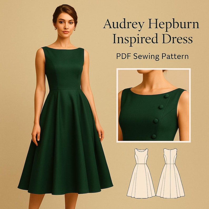 Peut inclure: Une robe vert fonc&eacute; inspir&eacute;e d'Audrey Hepburn, avec un col bateau et une jupe &eacute;vas&eacute;e. La robe a un corsage ajust&eacute; et un ourlet au genou. L'image comprend un gros plan de l'encolure avec des d&eacute;tails de boutons et un patron de couture PDF.