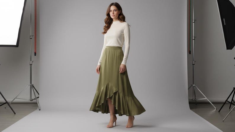 May include: A woman wearing a long-sleeved, off-white top and a flowing, olive-green skirt with a ruffled hem. The skirt falls to the ankles. She is wearing high heels. The background is a plain gray studio setting.