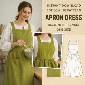 May include: A woman wearing a green apron dress with a white blouse. The apron dress has a square neckline, pockets, and a gathered waist. The image includes the text "APRON DRESS" and "BEGINNER FRIENDLY".