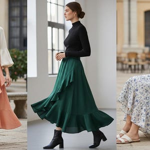 May include: Three women's outfits featuring skirts. One woman wears a peach-colored wrap skirt with a cream-colored top. Another wears a green ruffled skirt with a black top. The third wears a floral print skirt with a white blouse.