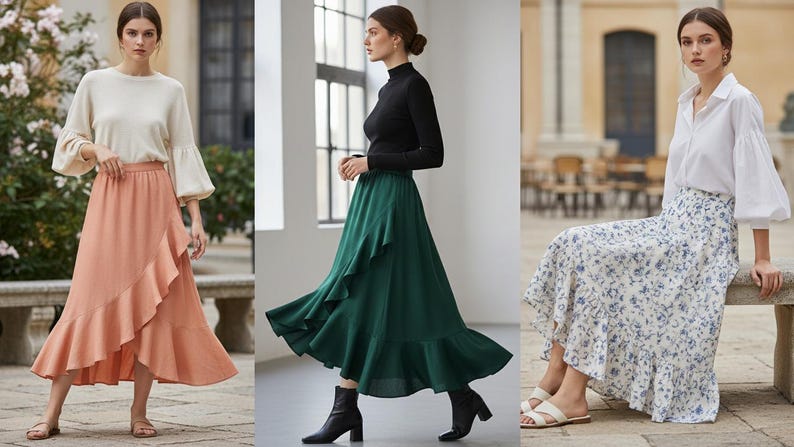 May include: Three women's outfits featuring skirts. One woman wears a peach-colored wrap skirt with a cream-colored top. Another wears a green ruffled skirt with a black top. The third wears a floral print skirt with a white blouse.