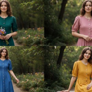 May include: Four women's dresses in different colors: emerald green, dusty rose, denim blue, and golden yellow. Each dress features a button-down front and short, puffed sleeves. The women are standing or sitting in a park-like setting with trees and a path.