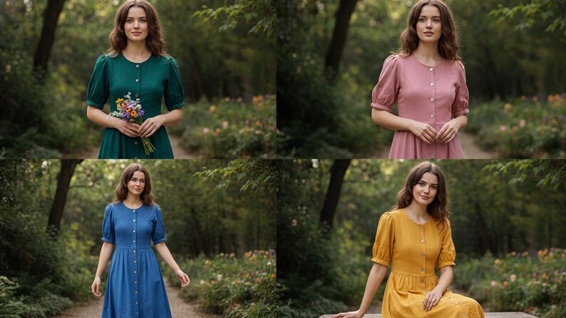 May include: Four women's dresses in different colors: emerald green, dusty rose, denim blue, and golden yellow. Each dress features a button-down front and short, puffed sleeves. The women are standing or sitting in a park-like setting with trees and a path.