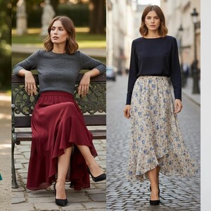 May include: Four women modeling different outfits. The outfits include long skirts in teal, burgundy, floral print, and mustard yellow. Each skirt has a ruffled hem. The tops are neutral colors: cream, gray, and navy.