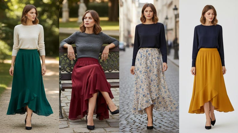 May include: Four women modeling different outfits. The outfits include long skirts in teal, burgundy, floral print, and mustard yellow. Each skirt has a ruffled hem. The tops are neutral colors: cream, gray, and navy.
