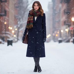 May include: A woman wearing a navy blue long coat, a patterned scarf, and black boots stands in a snowy street. She carries a brown leather bag. The background features snow-covered buildings and falling snowflakes, creating a winter scene.