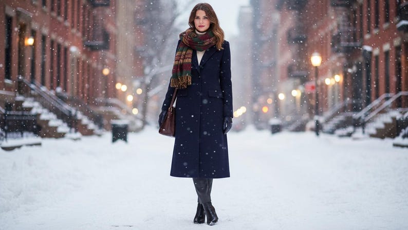 May include: A woman wearing a navy blue long coat, a patterned scarf, and black boots stands in a snowy street. She carries a brown leather bag. The background features snow-covered buildings and falling snowflakes, creating a winter scene.