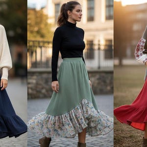May include: Three women modeling different outfits. The first wears a cream-colored sweater and a navy blue skirt with a ruffled hem. The second wears a black turtleneck and a green skirt with a floral print. The third wears a white embroidered top, a gray blazer, and a red skirt.