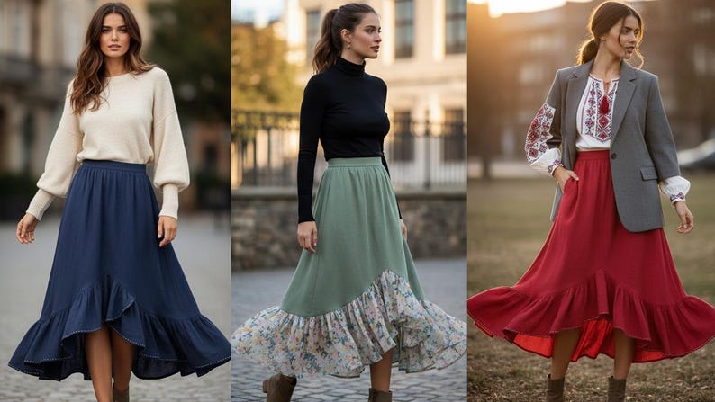 May include: Three women modeling different outfits. The first wears a cream-colored sweater and a navy blue skirt with a ruffled hem. The second wears a black turtleneck and a green skirt with a floral print. The third wears a white embroidered top, a gray blazer, and a red skirt.
