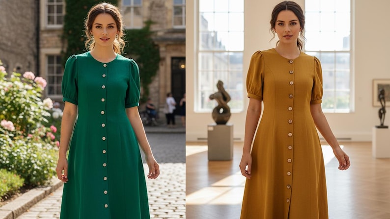 May include: Two dresses, one emerald green and one mustard yellow, are featured. Both dresses have a button-down front, short sleeves, and a midi length. The dresses are worn in different settings, one outdoors and one indoors.