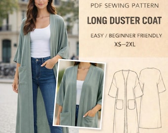 Duster Coat Sewing Pattern | Long Open Jacket PDF | Women’s Relaxed Kimono Coat | Easy Layering Pattern with Pockets | XS–2XL