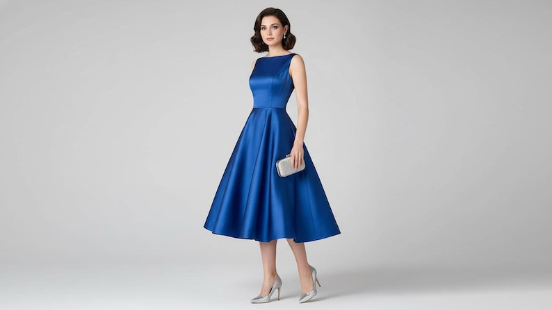 Peut inclure: Robe de soir&eacute;e bleu roi en satin, sans manches, avec un col bateau et une jupe &eacute;vas&eacute;e. La robe est port&eacute;e avec des talons argent&eacute;s et une pochette assortie. Une tenue &eacute;l&eacute;gante pour les &eacute;v&eacute;nements formels.