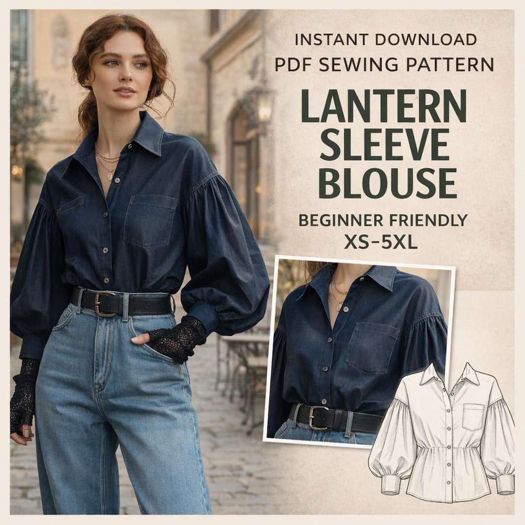 Lantern Sleeve Blouse Sewing Pattern PDF | Statement Puff Sleeve Top ...