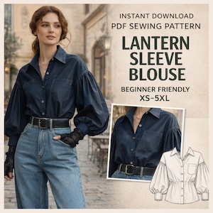 Puede incluir: Una blusa azul denim con mangas farol, cinturón negro y vaqueros azul claro. La imagen incluye el texto "INSTANT DOWNLOAD PDF SEWING PATTERN" y "LANTERN SLEEVE BLOUSE BEGINNER FRIENDLY XS-5XL".