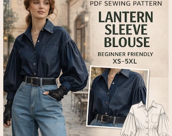 Lantern Sleeve Blouse Sewing Pattern PDF | Statement Puff Sleeve Top for Women | Relaxed Fit Shirt Pattern | Printable Sewing Pattern