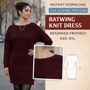 Patrón de costura en PDF para vestido de punto con mangas de murciélago / Vestido corto y top extragrande para mujer / Patrón digital para principiantes en tallas XXS-5XL