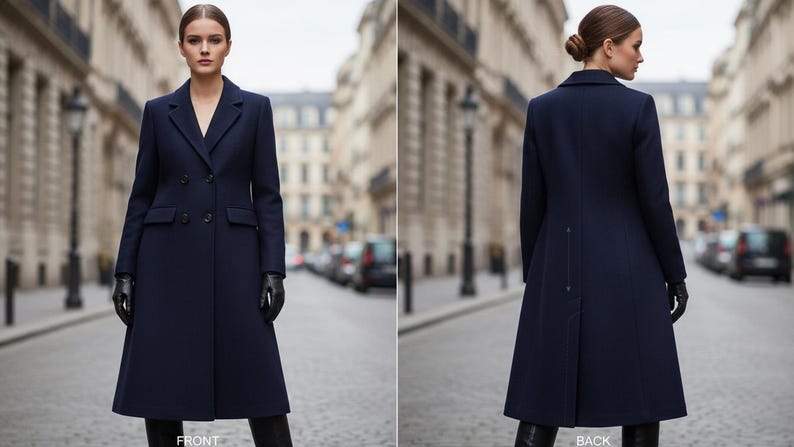 May include: A navy blue double-breasted coat with a tailored fit. The coat features a notched collar, two front pockets, and a long, flowing silhouette. The model is wearing black gloves and boots. The word "FRONT" is visible at the bottom of the image.